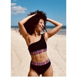 Live Life on the Beach Bikini Bottom Top Womens Large Black 2 Piece